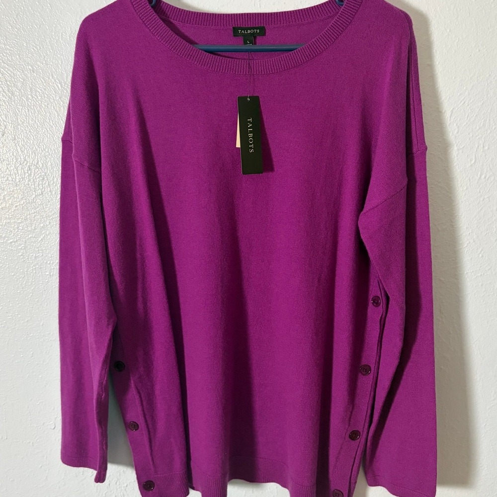 Talbots Magenta Purple Lambswool Blend Button Side Crew Neck Sweater L NWT Fall